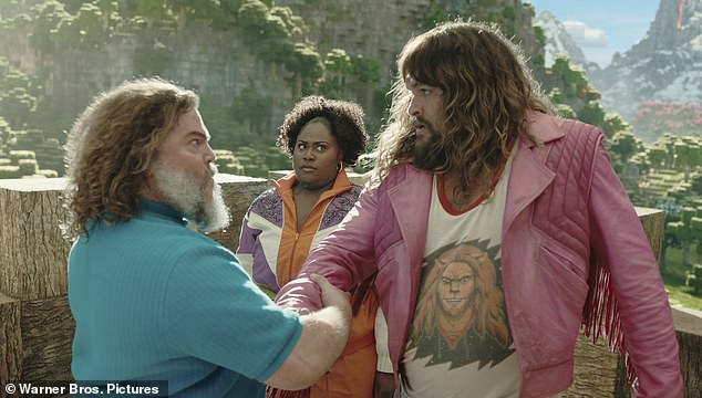 From left to right, Jack Black, Jason Momoa and Danielle Brooks are seen in A Minecraft Movie