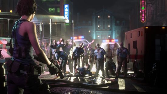 Best zombie games: a woman holding a gun looks at a horde of zombies