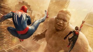 Miles and Peter swing towards a giant Sand-Man