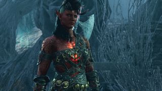 Karlach brooding against a blue stone background, with a huge axe strapped to their back