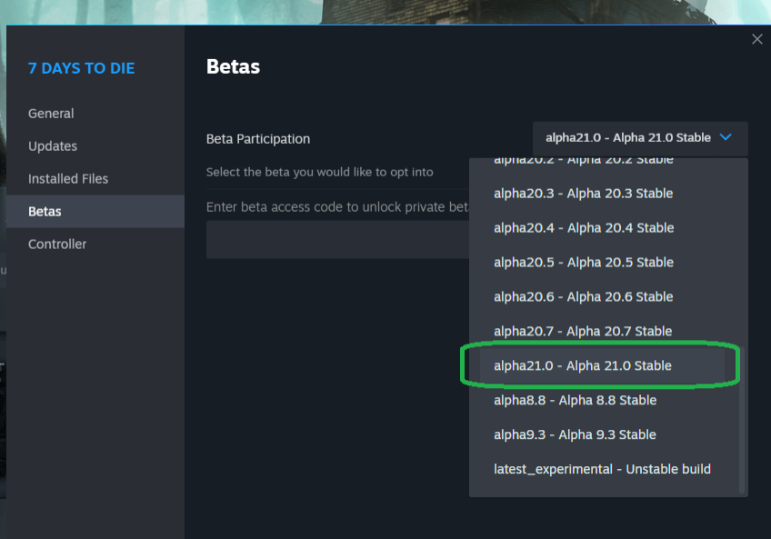 Choose 7 Days to Die Alpha Release A21 Stable
